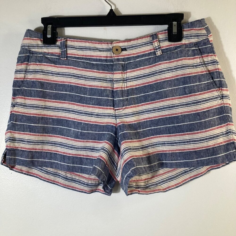 Womens British Khaki Linen Shorts Striped‎ Red White Blue Tan 6